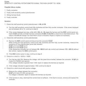 May include: A technical document titled 1022-Draft Sensitivity Control Potentiometer Voltage Too High, detailing fault codes, causes, and solutions for an XCM multi-function control module, including specific wiring harness and connector testing steps.