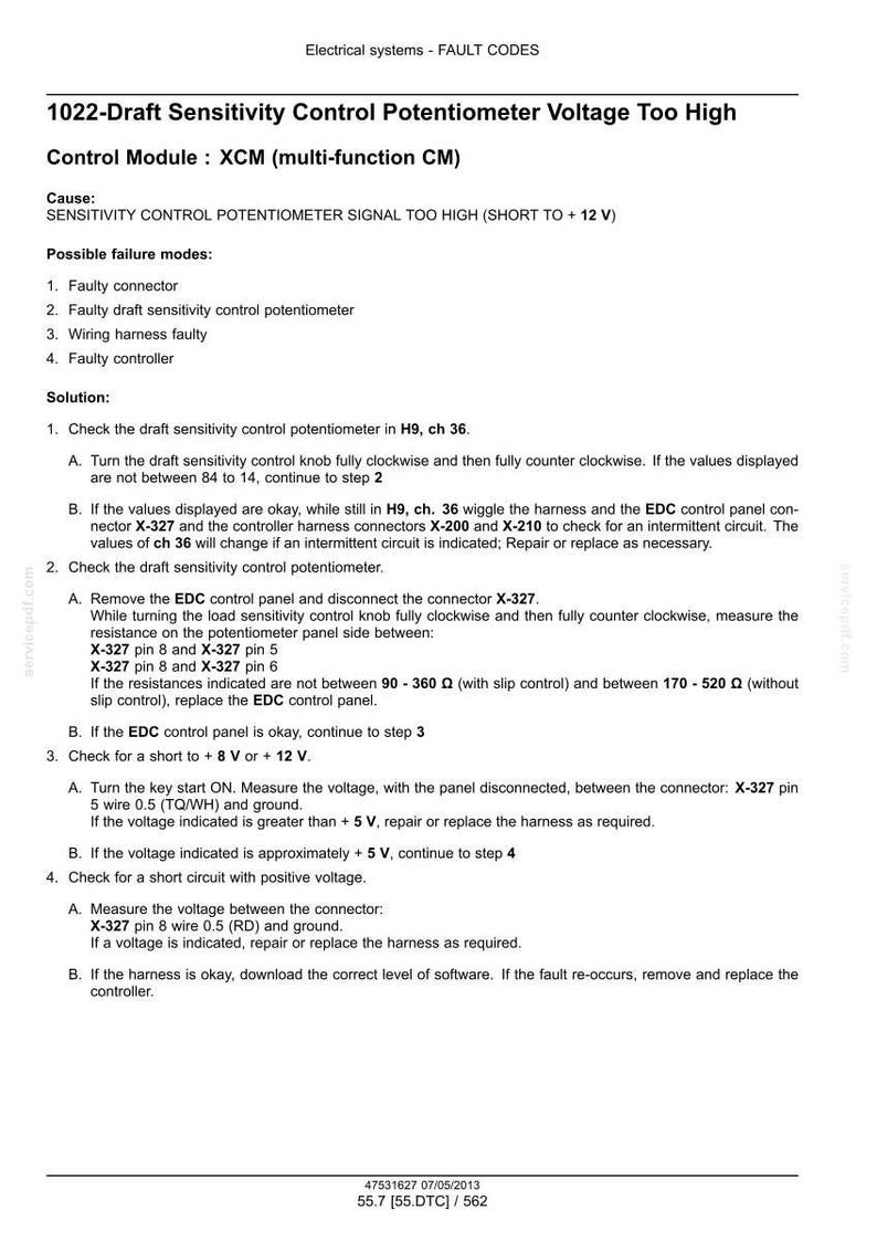 May include: A technical document titled 1022-Draft Sensitivity Control Potentiometer Voltage Too High, detailing fault codes, causes, and solutions for an XCM multi-function control module, including specific wiring harness and connector testing steps.