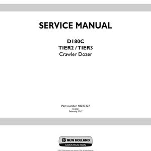 May include: A white service manual cover with the text "SERVICE MANUAL" in bold black letters. Below, it reads "D180C TIER2/TIER3 Crawler Dozer." The bottom of the cover includes the New Holland Construction logo and part number.