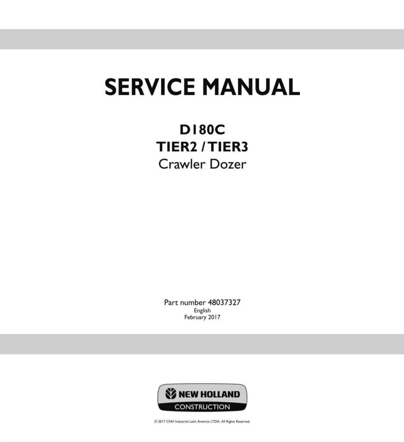 May include: A white service manual cover with the text "SERVICE MANUAL" in bold black letters. Below, it reads "D180C TIER2/TIER3 Crawler Dozer." The bottom of the cover includes the New Holland Construction logo and part number.