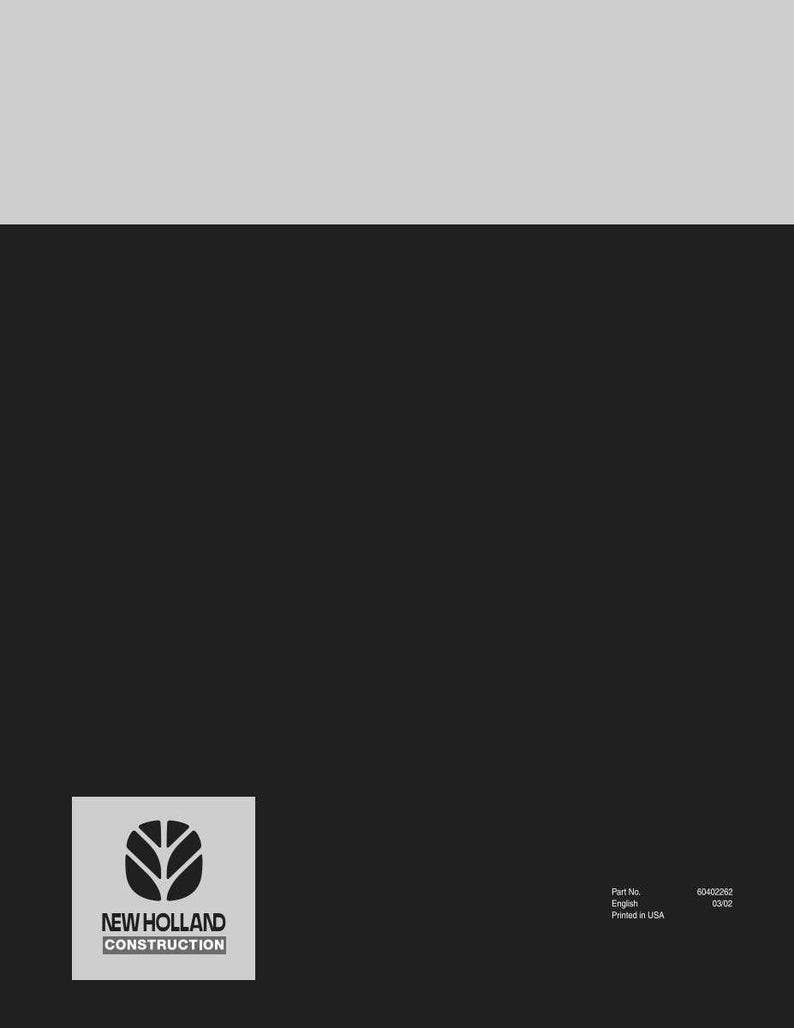 May include: A graphic design featuring the New Holland Construction logo, a stylized leaf emblem, on a gray square. The logo is set against a black background with a gray upper section. Text at the bottom indicates the part number and printing location.