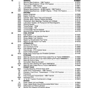 May include: A printed table of contents for 1090, 1170, and 1175 tractors. The document lists sections like General, Engines, Fuel System, Hydraulics, Steering, Power Train, and Brakes, with corresponding form numbers.