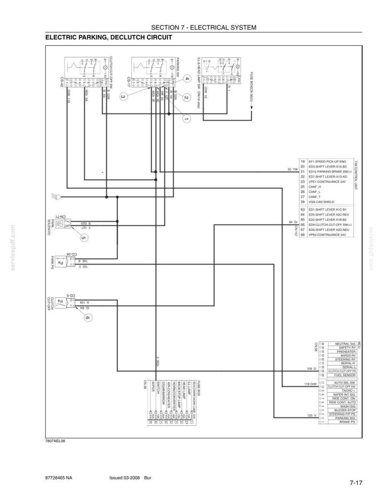 Puede incluir: Diagrama de un circuito de estacionamiento el&eacute;ctrico y desembrague, con etiquetas y cableado. El diagrama incluye componentes como un interruptor de estacionamiento y un solenoide. El texto incluye "Secci&oacute;n 7 - Sistema el&eacute;ctrico."