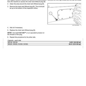 May include: A maintenance guide page detailing procedures for SR130, SR150, SR220, SR250, SV250, and SV300 models. Includes diagrams and steps for chain tank maintenance, with capacity measurements in US quarts.