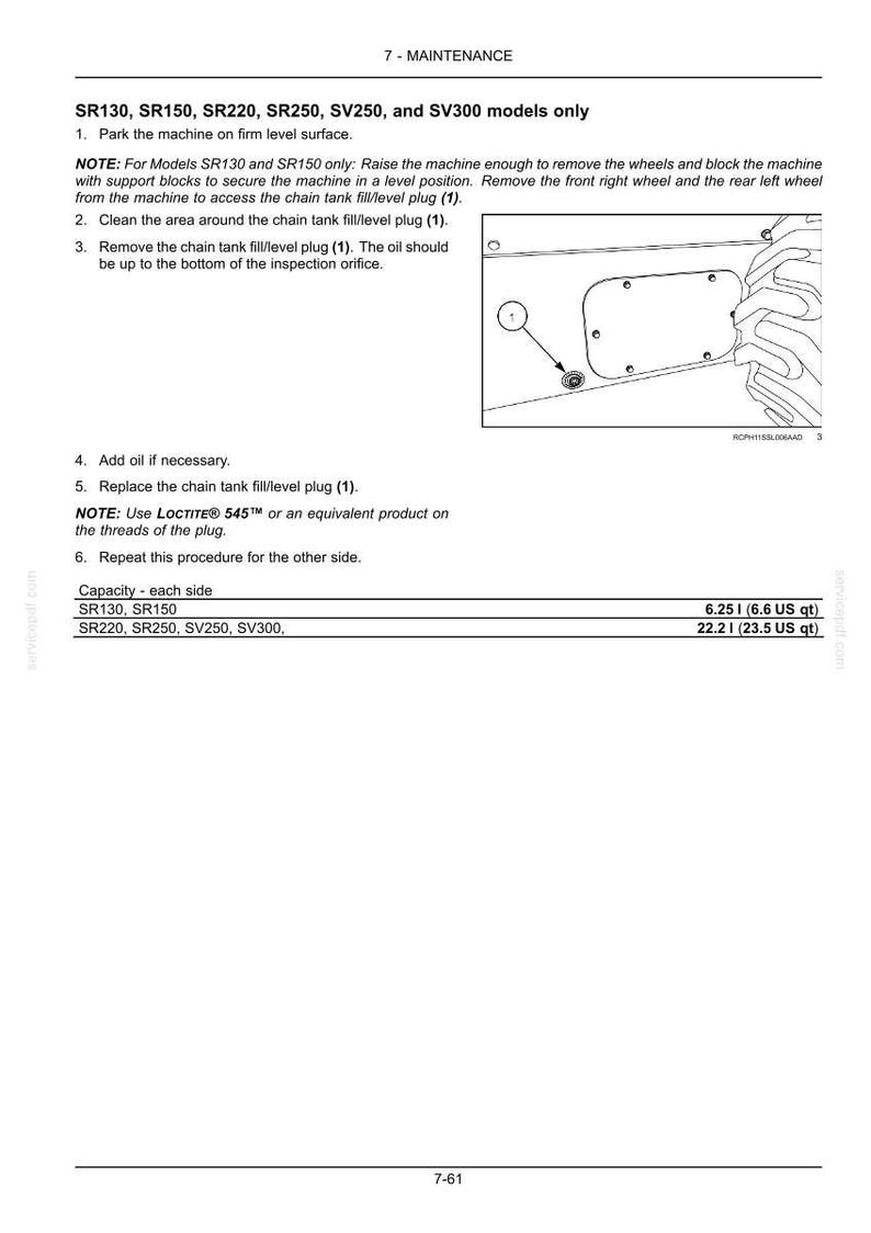 May include: A maintenance guide page detailing procedures for SR130, SR150, SR220, SR250, SV250, and SV300 models. Includes diagrams and steps for chain tank maintenance, with capacity measurements in US quarts.