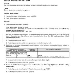 May include: Technical document detailing fault codes for an electrical system. The document includes troubleshooting steps, voltage measurements, and interpretations for resolving issues related to a tank calibration toggle switch. The text is in black and white.