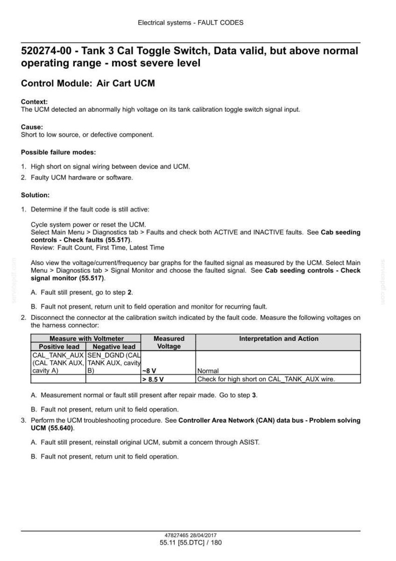 May include: Technical document detailing fault codes for an electrical system. The document includes troubleshooting steps, voltage measurements, and interpretations for resolving issues related to a tank calibration toggle switch. The text is in black and white.