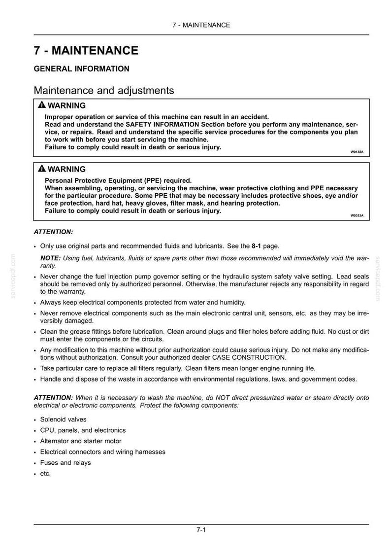Pode incluir: P&aacute;gina de um manual de manuten&ccedil;&atilde;o com o t&iacute;tulo "7 - MANUTEN&Ccedil;&Atilde;O". Cont&eacute;m informa&ccedil;&otilde;es gerais, avisos e instru&ccedil;&otilde;es para manuten&ccedil;&atilde;o e ajustes. O texto &eacute; em preto e branco, com avisos de seguran&ccedil;a destacados.