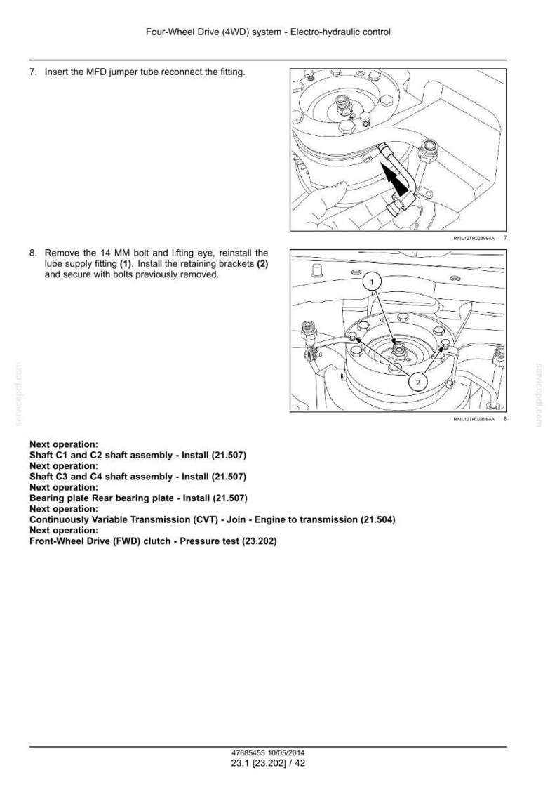 May include: Diagram of a four-wheel drive (4WD) system with electro-hydraulic control. The image shows detailed steps for maintenance, including removing a 14 MM bolt and reinstalling fittings and brackets. Text includes instructions and next operation steps.