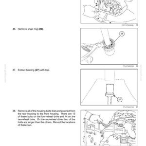 May include: Diagram of a power shuttle transmission with instructions for disassembly. Steps include removing the gasket, snap ring (26), and bearing (27). The final step involves removing housing bolts.