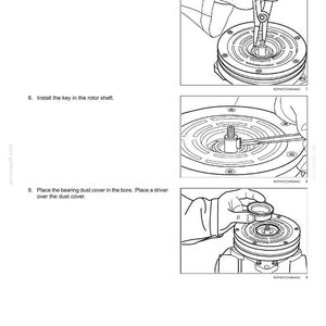 May include: Diagram of air conditioning components with instructions. Step 7 shows the installation of a snap ring. Step 8 shows the installation of a key. Step 9 shows the placement of a bearing dust cover. Text includes "Cab climate control - Air conditioning".