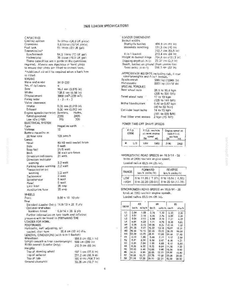 May include: Technical specifications sheet for a 2500 loader, detailing capacities, engine specs, dimensions, and speeds. Includes measurements in inches and pounds.