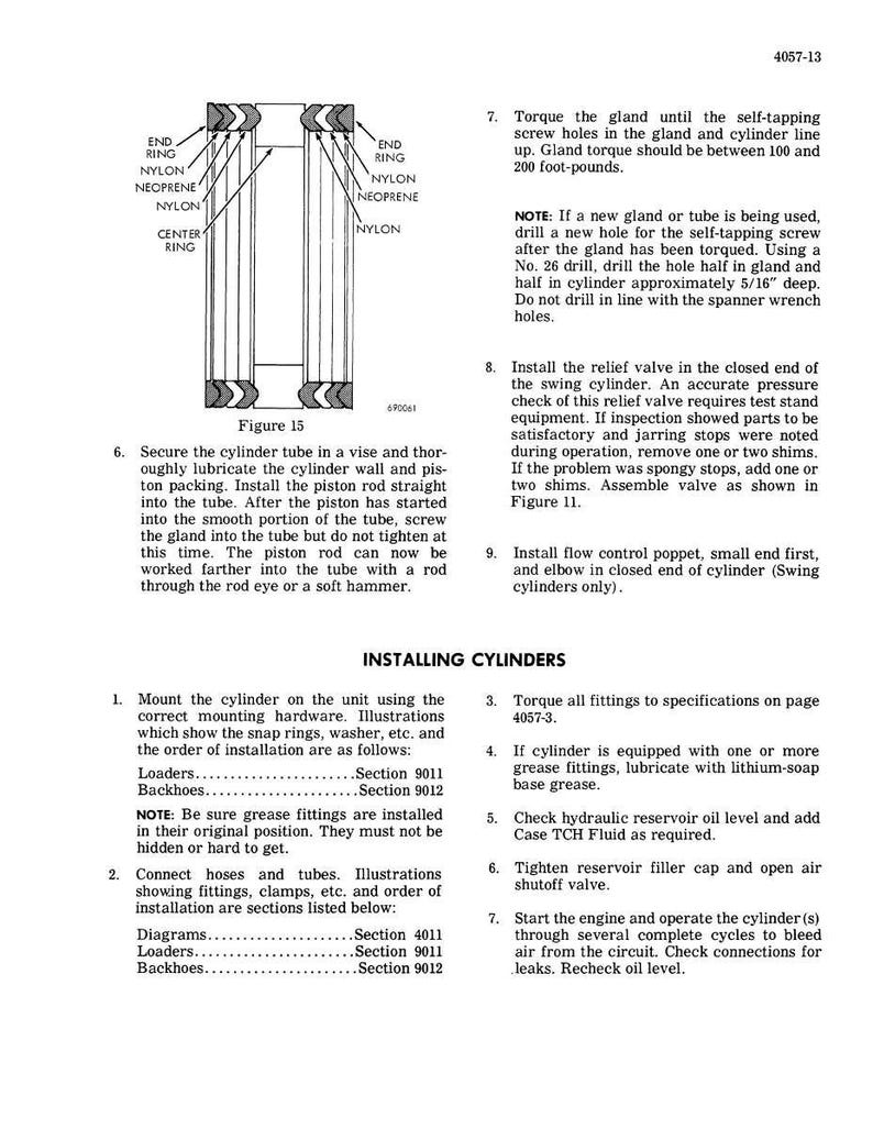 May include: Diagram of a cylinder assembly with labeled parts: end ring, nylon, neoprene, and center ring. The image includes instructions for installing cylinders, with sections on mounting, connecting hoses, and tightening fittings.
