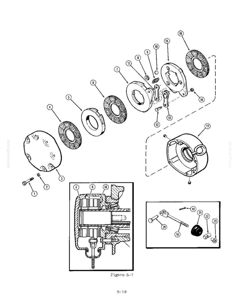 May include: An exploded diagram of mechanical components, including circular plates, bolts, and a housing. The image is a technical illustration with labels and a detailed cross-section view. The text "Figure S-7" and "S-19" are visible.