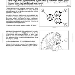 May include: A technical manual page titled 6-WORKING OPERATIONS, Replaying a sequence. It includes a warning box, instructional text, and two diagrams showing numbered switches and a control panel interface for automated headland functions.