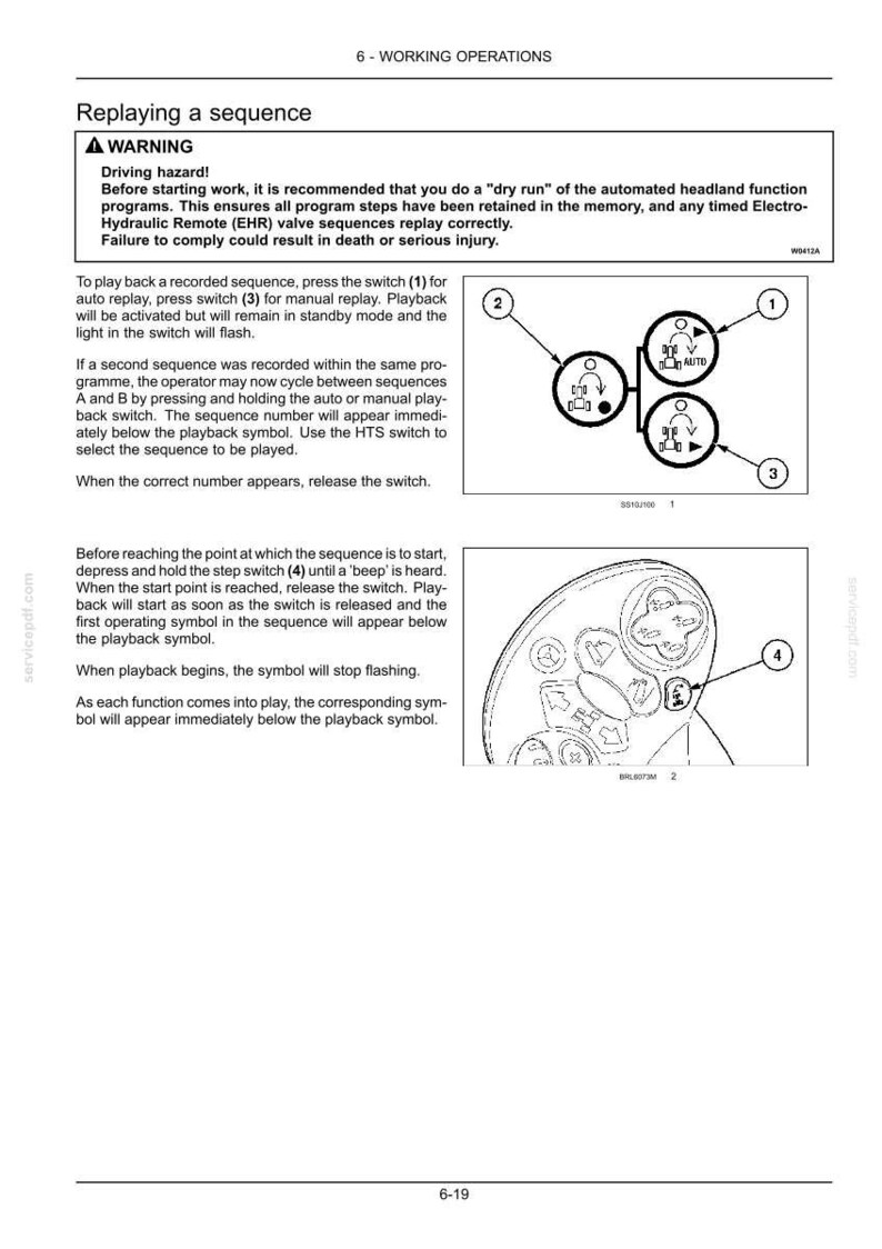 May include: A technical manual page titled 6-WORKING OPERATIONS, Replaying a sequence. It includes a warning box, instructional text, and two diagrams showing numbered switches and a control panel interface for automated headland functions.