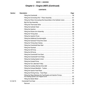 May include: A printed page from a manual titled "SECTION 10 - ENGINE" with a table of contents. The table lists engine components and their corresponding page numbers, including "Crankshaft," "Thermostat Valve," and "Oil Pump."
