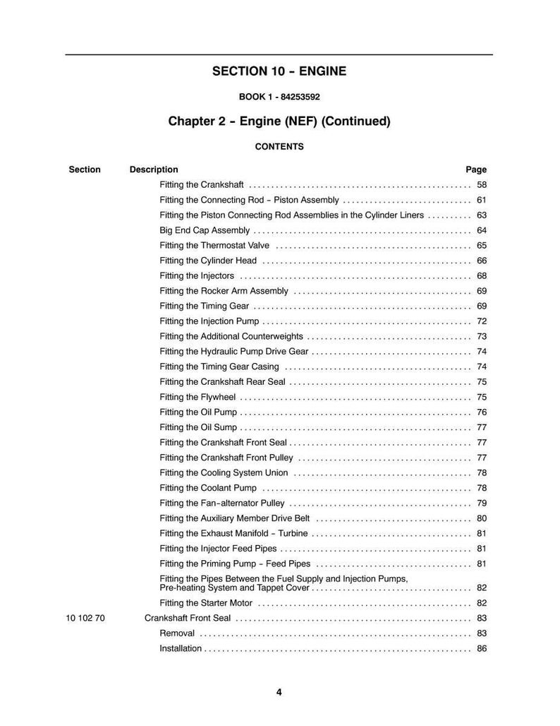 May include: A printed page from a manual titled "SECTION 10 - ENGINE" with a table of contents. The table lists engine components and their corresponding page numbers, including "Crankshaft," "Thermostat Valve," and "Oil Pump."