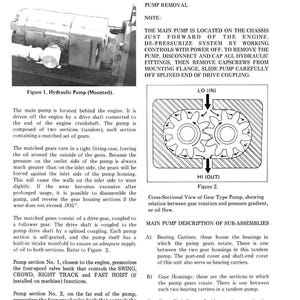 May include: Diagram of a gear-type pump with labels for inlet and outlet, and a cross-sectional view showing gear rotation. Includes text about pump removal and sub-assemblies.
