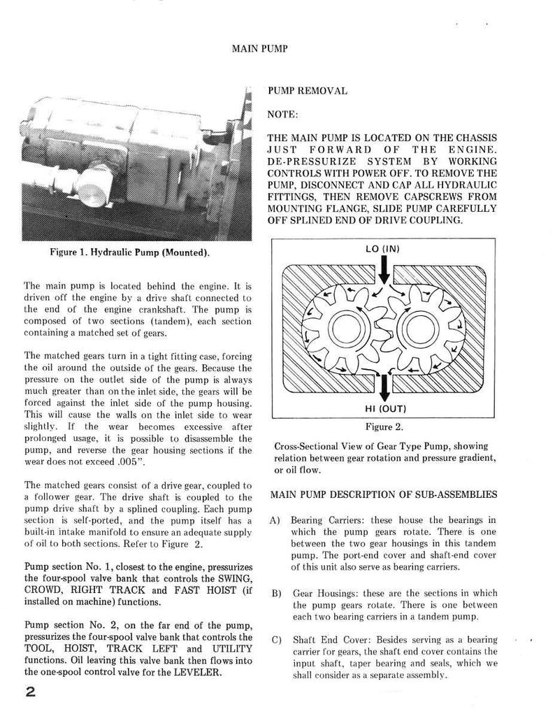 May include: Diagram of a gear-type pump with labels for inlet and outlet, and a cross-sectional view showing gear rotation. Includes text about pump removal and sub-assemblies.