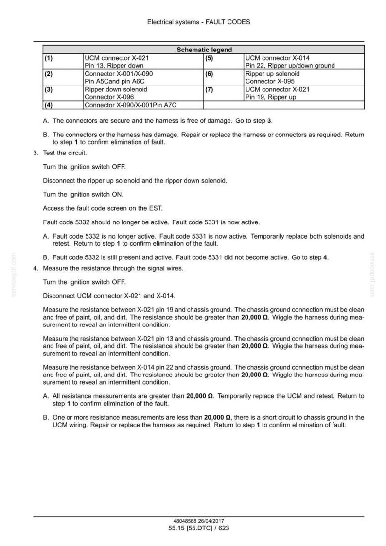 May include: Diagram of electrical system fault codes with a schematic legend. Includes instructions for testing circuits, measuring resistance, and troubleshooting. Text includes connector details and fault code information.