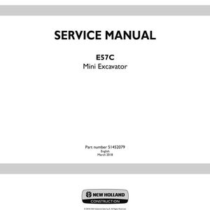 May include: A white service manual cover with the text "SERVICE MANUAL" in bold black letters. Below, it reads "E57C Mini Excavator." The bottom of the cover includes the New Holland Construction logo and part number 51452079.