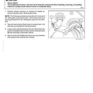 May include: Diagram of product tank removal instructions. The image shows a detailed illustration with numbered steps and labels for disconnecting hoses and securing hardware. Text includes safety warnings and specific instructions for the 1200-gallon poly tank.
