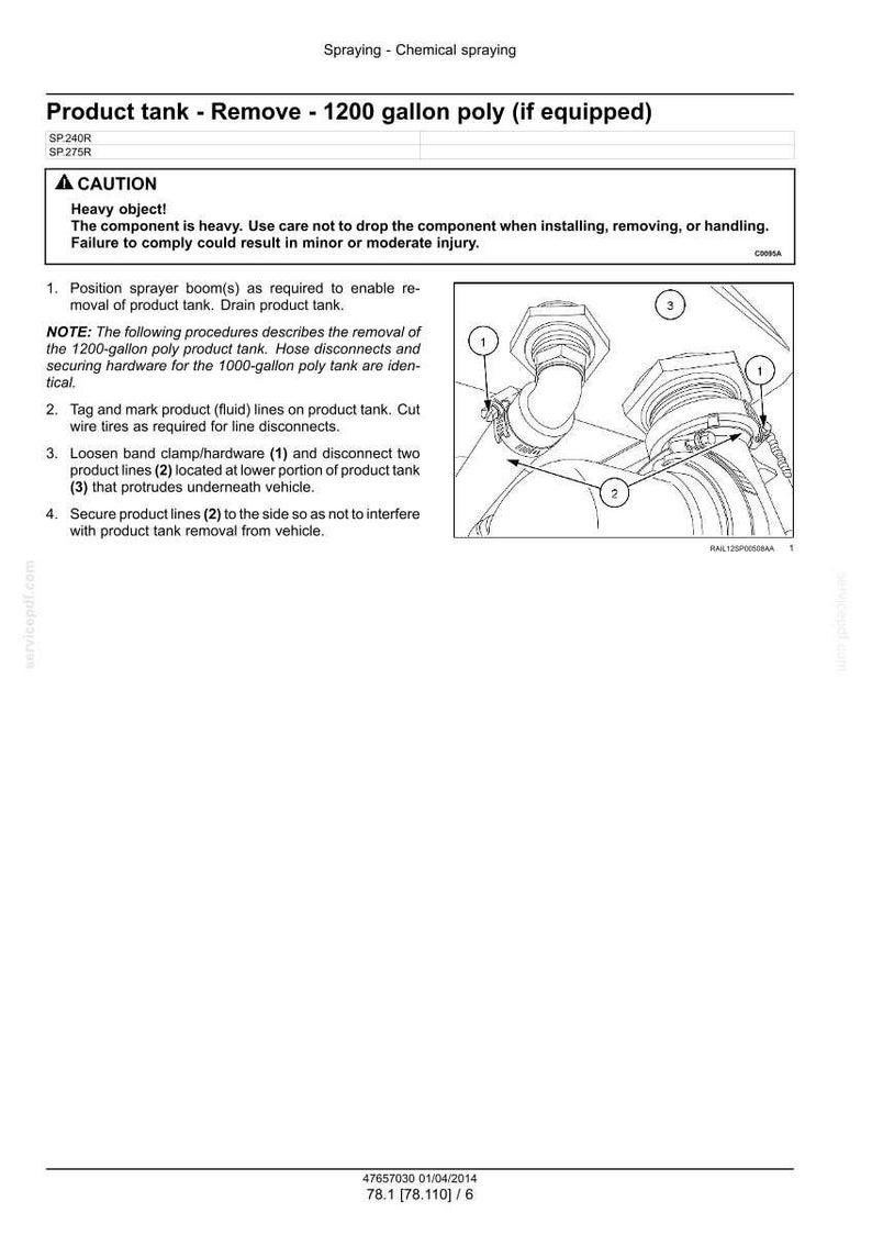 May include: Diagram of product tank removal instructions. The image shows a detailed illustration with numbered steps and labels for disconnecting hoses and securing hardware. Text includes safety warnings and specific instructions for the 1200-gallon poly tank.