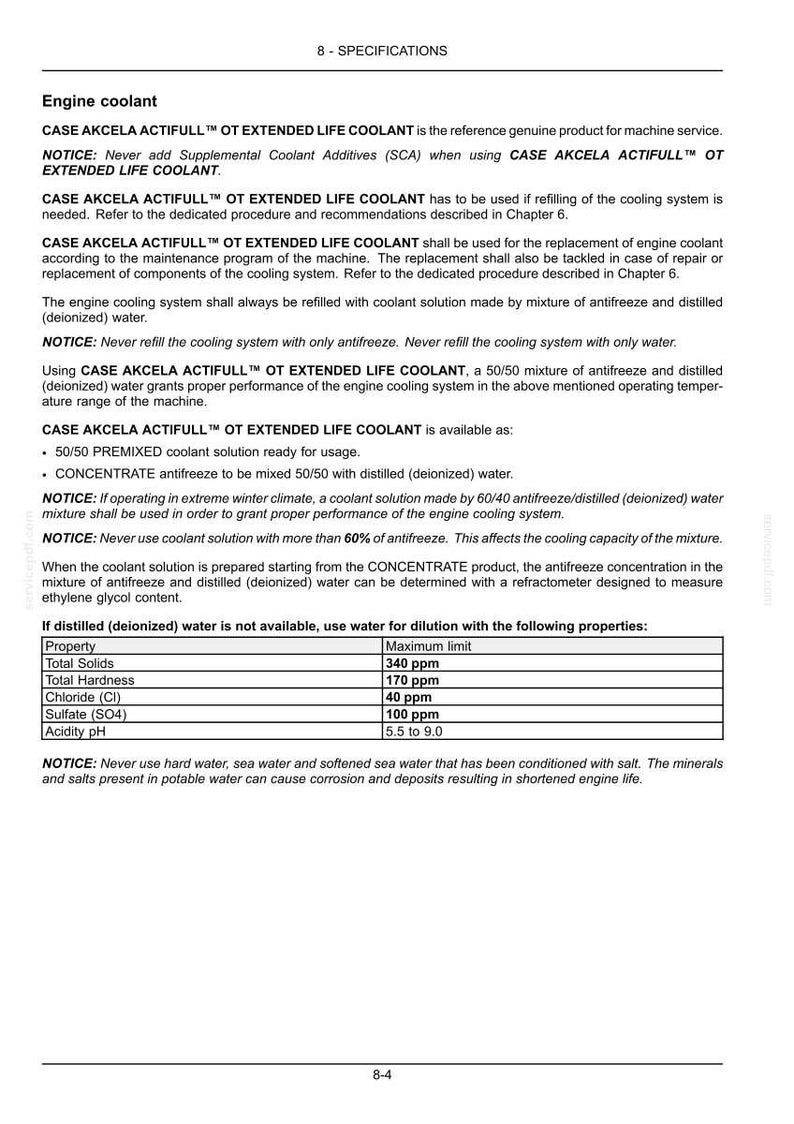 May include: Document detailing specifications for CASE AKCELA ACTIFULL&trade; OT EXTENDED LIFE COOLANT, covering usage instructions, mixing ratios, and water quality parameters. The text provides warnings about additives and water types.