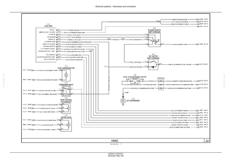 May include: Diagram showing the electrical systems of an HVAC system, including the HVAC box, blower switch, A/C switch, and compressor. The diagram uses lines and symbols to represent the connections and functions of the system. Text labels identify each component.