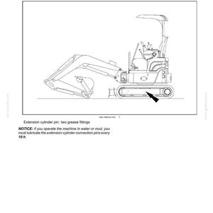 May include: Diagram of a small excavator, showing grease points for maintenance. The text indicates the blade should be greased every 50 hours and the extension cylinder pins every 10 hours if used in water or mud.