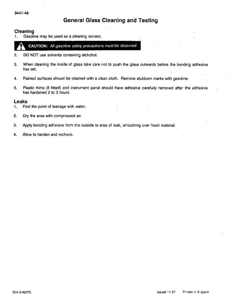 May include: A printed document titled "General Glass Cleaning and Testing" with instructions for cleaning and leak repair. The document includes safety precautions and steps for cleaning glass surfaces.
