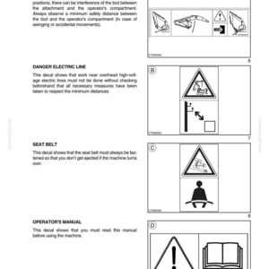 May include: A page from a manual with safety decals and hand signals. The decals warn about tool interference, danger from electric lines, seat belt use, and the need to read the operator's manual. Each decal has a corresponding symbol.