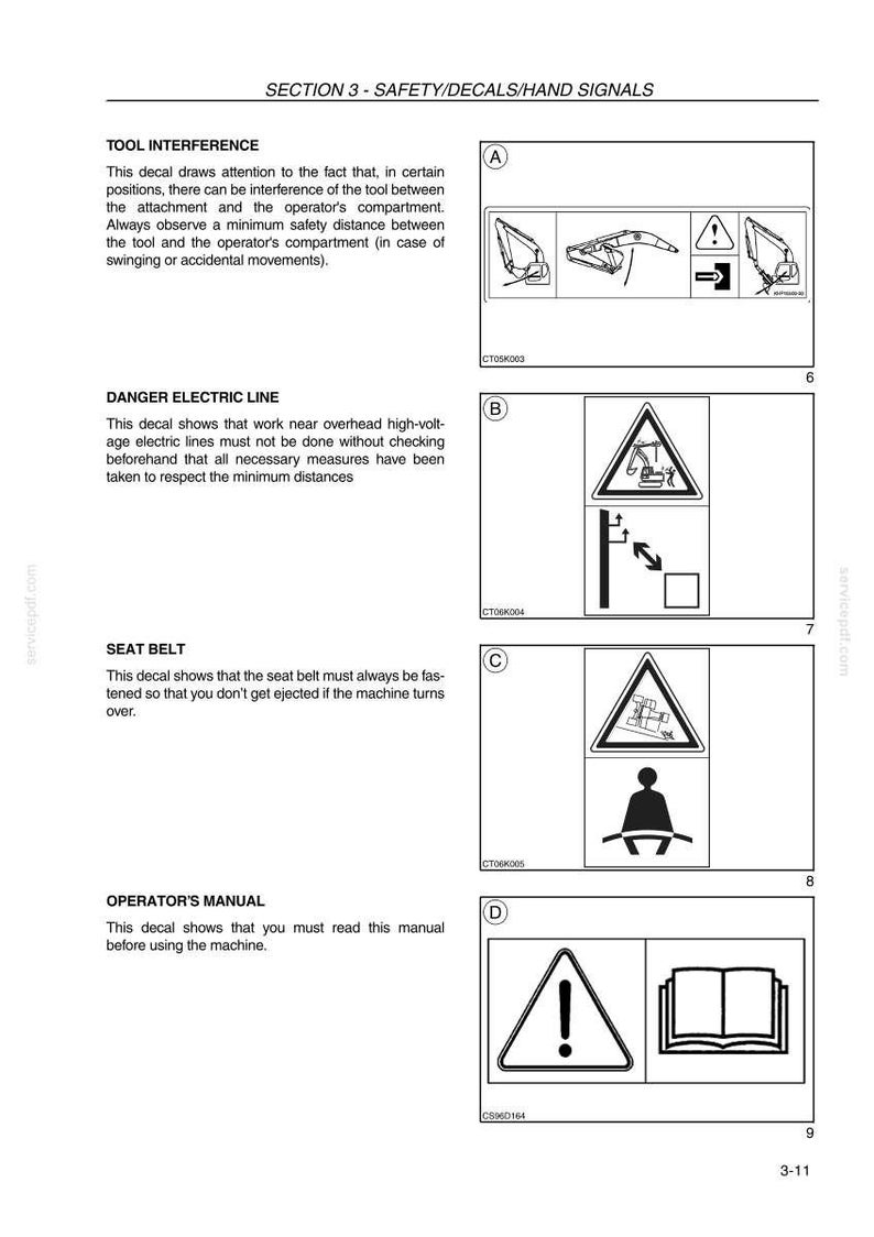 May include: A page from a manual with safety decals and hand signals. The decals warn about tool interference, danger from electric lines, seat belt use, and the need to read the operator's manual. Each decal has a corresponding symbol.