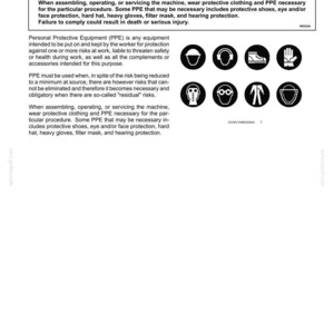 May include: A document page titled 2-SAFETY INFORMATION Personal protective equipment (PPE) featuring a warning box, text regarding safety requirements, and eight circular black and white icons depicting a hard hat, earmuffs, boots, gloves, mask, goggles, a vest, and a face shield.