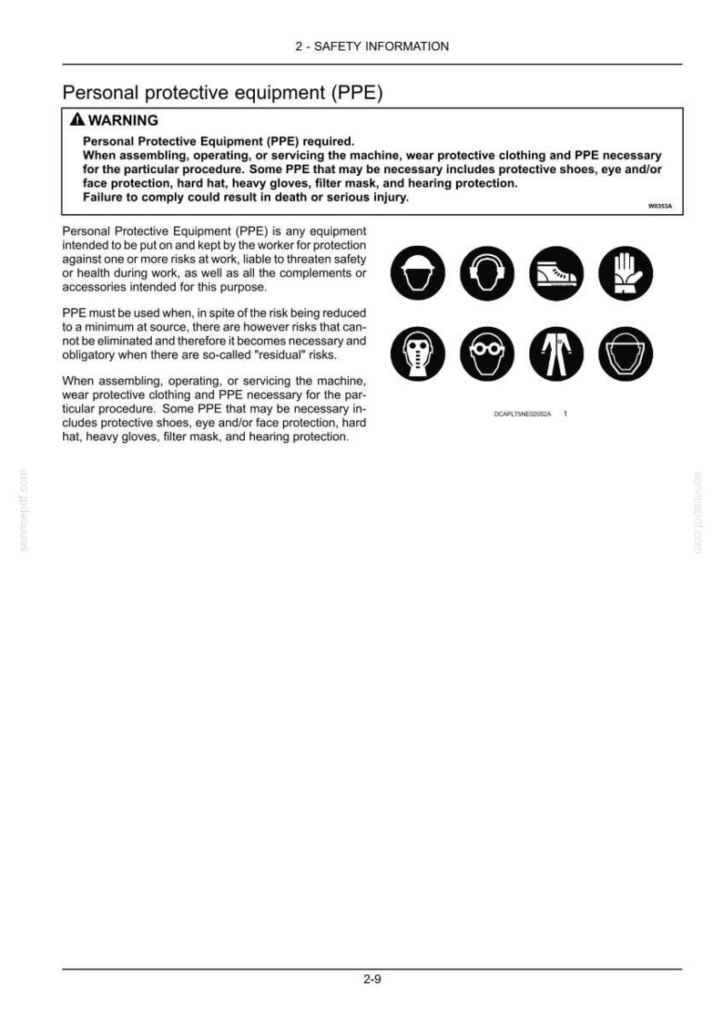 May include: A document page titled 2-SAFETY INFORMATION Personal protective equipment (PPE) featuring a warning box, text regarding safety requirements, and eight circular black and white icons depicting a hard hat, earmuffs, boots, gloves, mask, goggles, a vest, and a face shield.