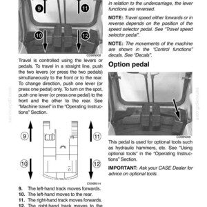 May include: Diagram of travel control levers and pedals with numbered arrows indicating movement directions. Text explains lever and pedal functions for forward, reverse, and turning. Includes an option pedal description.