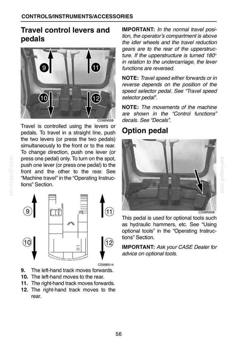 May include: Diagram of travel control levers and pedals with numbered arrows indicating movement directions. Text explains lever and pedal functions for forward, reverse, and turning. Includes an option pedal description.