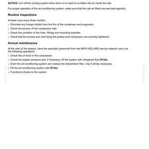 May include: A technical document page titled 6 - WORKING OPERATIONS, detailing maintenance for an air-conditioning system. It includes instructions for routine inspections and annual maintenance, mentioning New Holland service and R134A refrigerant.