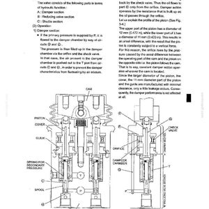 Może przedstawiać: Schemat techniczny zatytułowany 3.3 OPERATION przedstawiający budowę zaworu hydraulicznego z krzywką, tłokiem, pokrywą, prowadnicą, sprężyną, suwakiem i korpusem. Tekst opisuje sekcje tłumika i zaworu redukcyjnego z tłokiem o średnicy 12 mm.