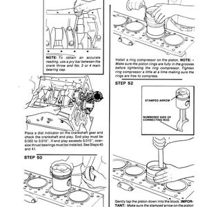 May include: Illustrated engine assembly guide with step-by-step instructions. Includes diagrams for installing a ring compressor, lubricating pistons, and checking crankshaft end play. Features text instructions and diagrams.