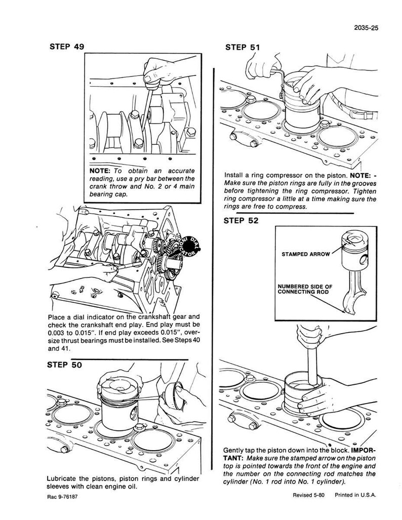May include: Illustrated engine assembly guide with step-by-step instructions. Includes diagrams for installing a ring compressor, lubricating pistons, and checking crankshaft end play. Features text instructions and diagrams.
