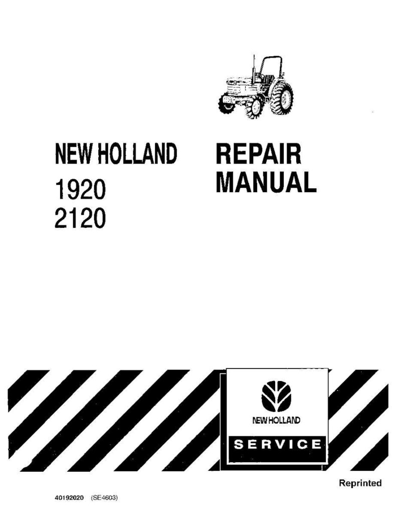 May include: A black and white repair manual cover for New Holland tractors. The cover features a line drawing of a tractor, the words "NEW HOLLAND", "REPAIR MANUAL", and the model numbers 1920 and 2120. The New Holland Service logo is also present.
