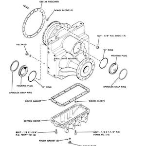 May include: An exploded diagram of final drive housing covers installation. The image shows various mechanical components, including a final drive housing, gaskets, bolts, and rings. Text labels identify each part, such as "Fill Plug" and "Cover Gasket."