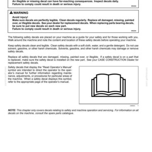 May include: A page from a manual with safety information. The text includes warnings about safety decals and instructions for their maintenance and replacement. An open book symbol is also present.
