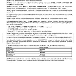 May include: A page from a maintenance manual detailing engine coolant specifications. It includes instructions for using CASE AKCELA ACTIFULL OT EXTENDED LIFE COOLANT, mixing ratios, and water quality guidelines. The text is in black font on a white background.