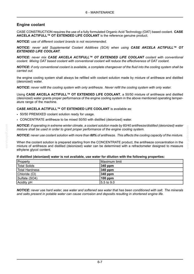 May include: A page from a maintenance manual detailing engine coolant specifications. It includes instructions for using CASE AKCELA ACTIFULL OT EXTENDED LIFE COOLANT, mixing ratios, and water quality guidelines. The text is in black font on a white background.