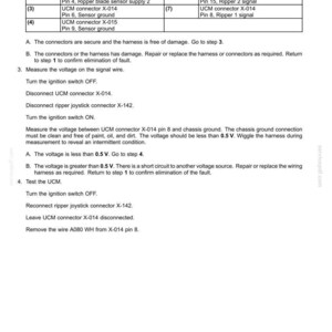 May include: A technical diagram with a schematic legend detailing electrical system fault codes. The document includes instructions for troubleshooting, measuring voltage, and testing components. Text includes connector and pin numbers.