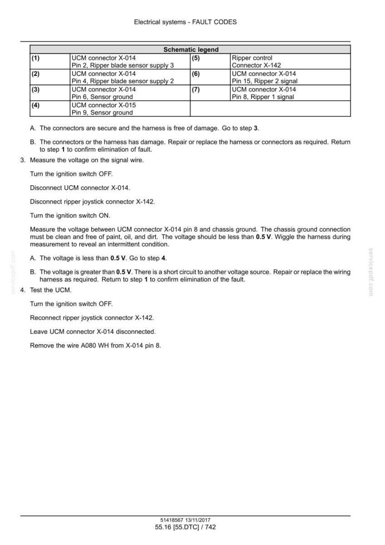 May include: A technical diagram with a schematic legend detailing electrical system fault codes. The document includes instructions for troubleshooting, measuring voltage, and testing components. Text includes connector and pin numbers.