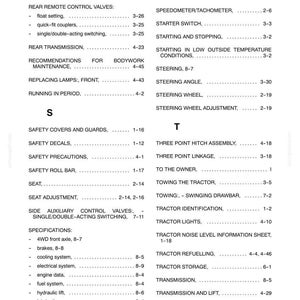 May include: A black and white printed index page from a technical manual, labeled SECTION 10 - INDEX. The text lists various tractor components and maintenance topics alphabetically, including rear counter weights, steering, and transmission.